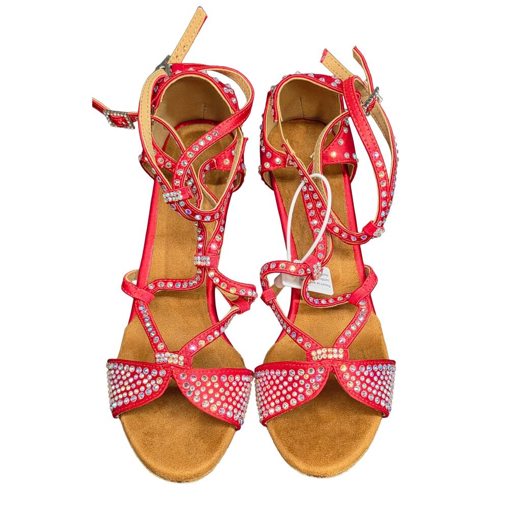 Dance & Sway Red Rhinestone Latin Heels Size 8 Salsa 3.5” Slim Heel